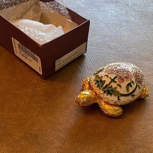 Enamel Gold-Tone Turtle Trinket Music Box - Floral Cloisonné Accent